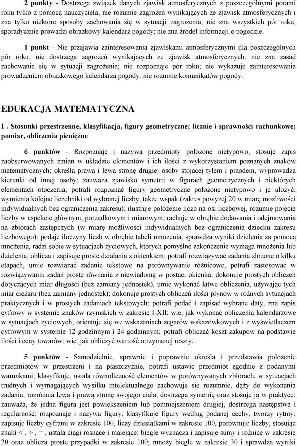 1 punkt - Nie przejawia zainteresowania zjawiskami atmosferycznymi dla poszczególnych pór roku; nie dostrzega zagrożeń wynikających ze zjawisk atmosferycznych; nie zna zasad zachowania się w sytuacji