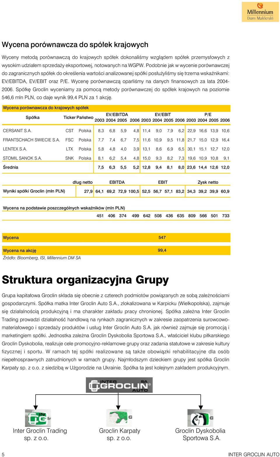 Wycenę porównawczą oparliśmy na danych finansowych za lata 2004-2006.