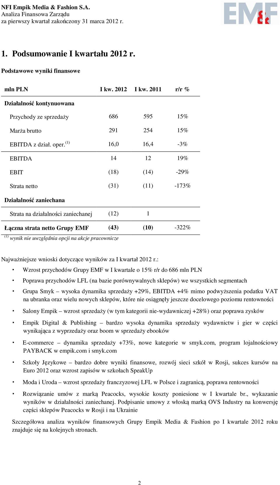 (1) wynik nie uwzględnia opcji na akcje pracownicze Najważniejsze wnioski dotyczące wyników za I kwartał 2012 r.