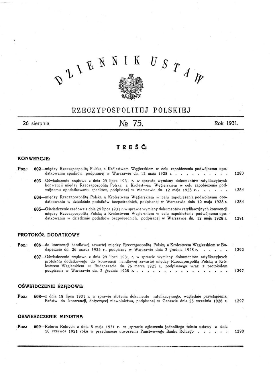 . 1280 603-0świadczenie rządowe z dnia 29 lipca 1931 r.