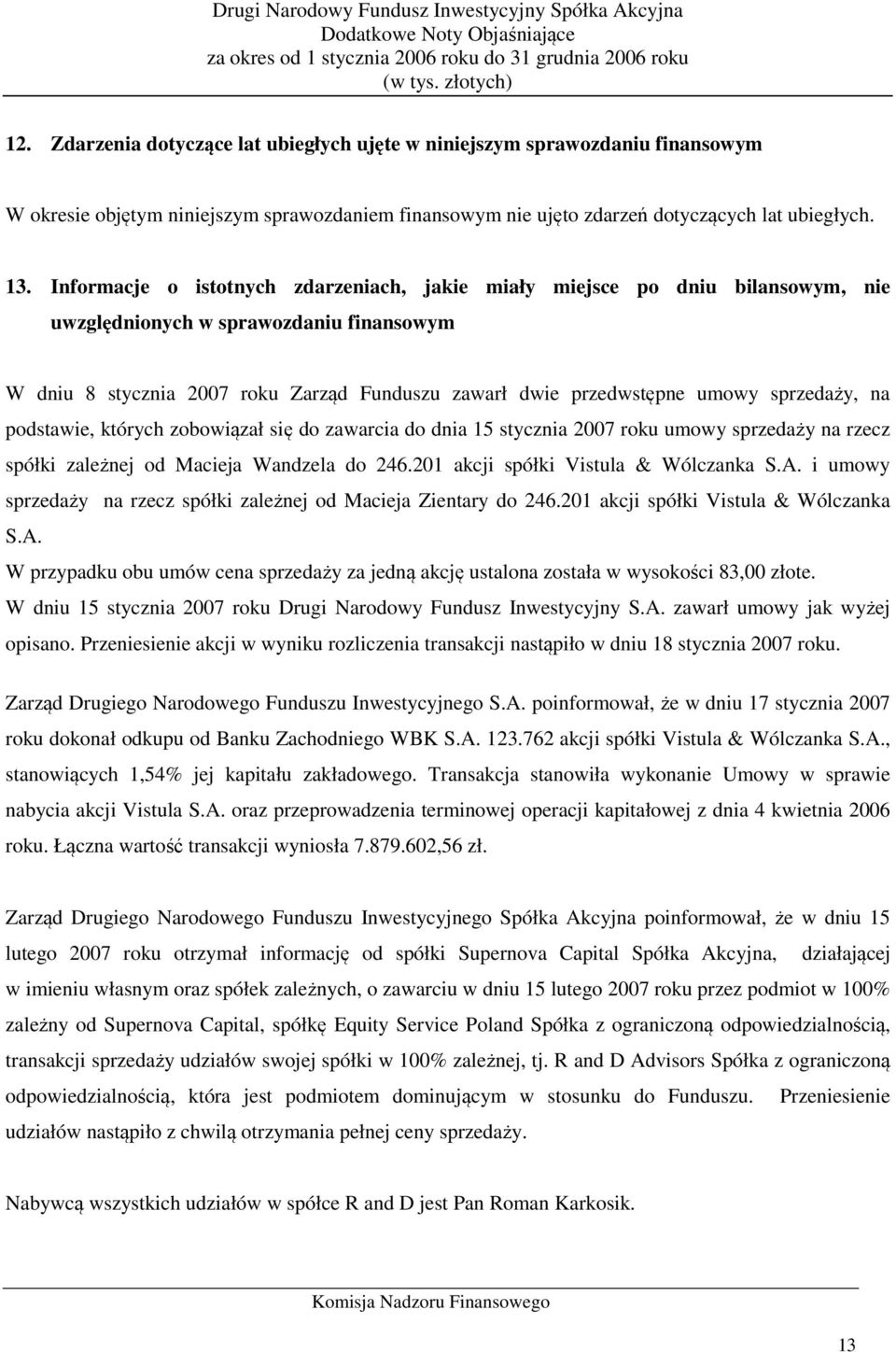 sprzedaży, na podstawie, których zobowiązał się do zawarcia do dnia 15 stycznia 2007 roku umowy sprzedaży na rzecz spółki zależnej od Macieja Wandzela do 246.201 akcji spółki Vistula & Wólczanka S.A.