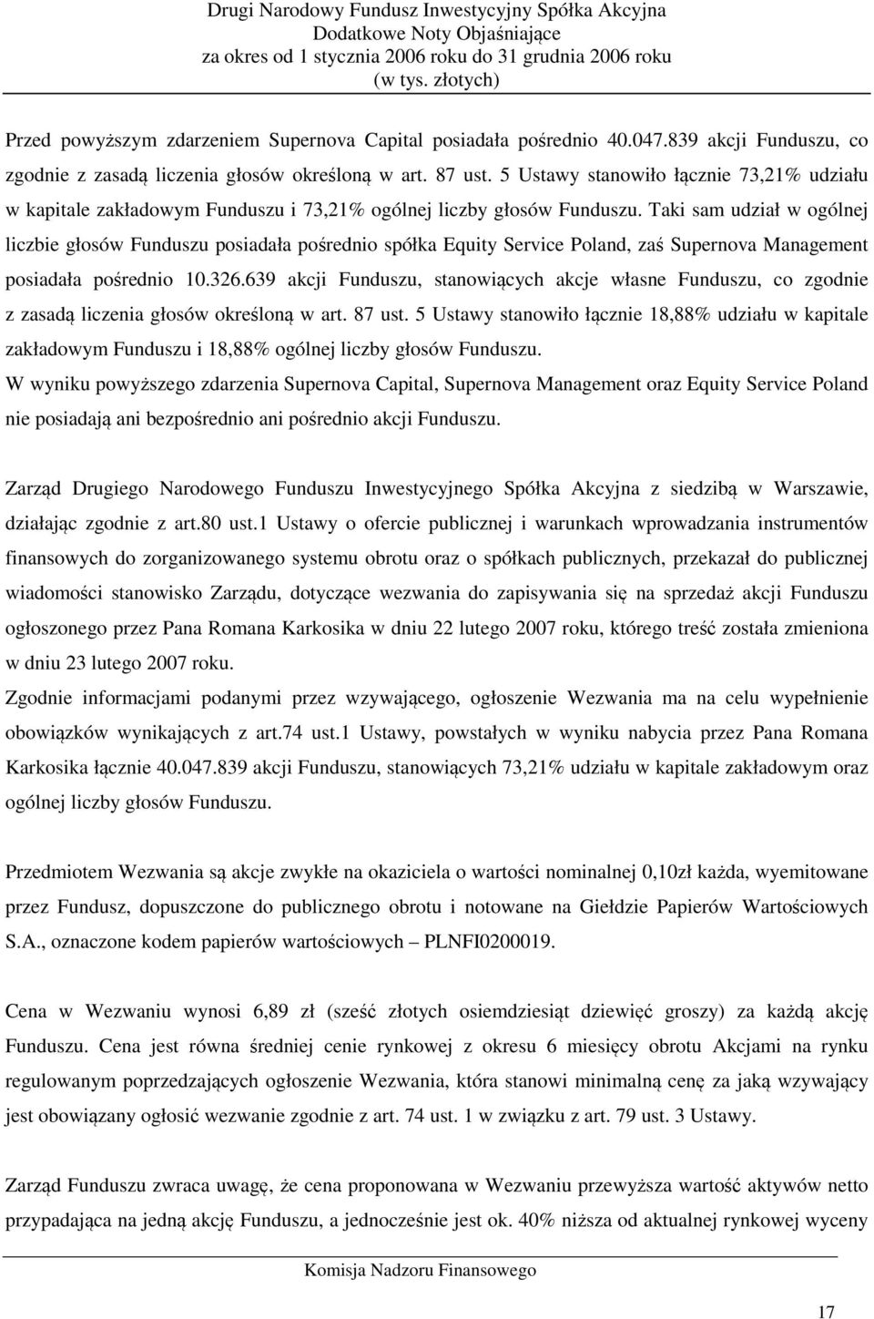 Taki sam udział w ogólnej liczbie głosów Funduszu posiadała pośrednio spółka Equity Service Poland, zaś Supernova Management posiadała pośrednio 10.326.