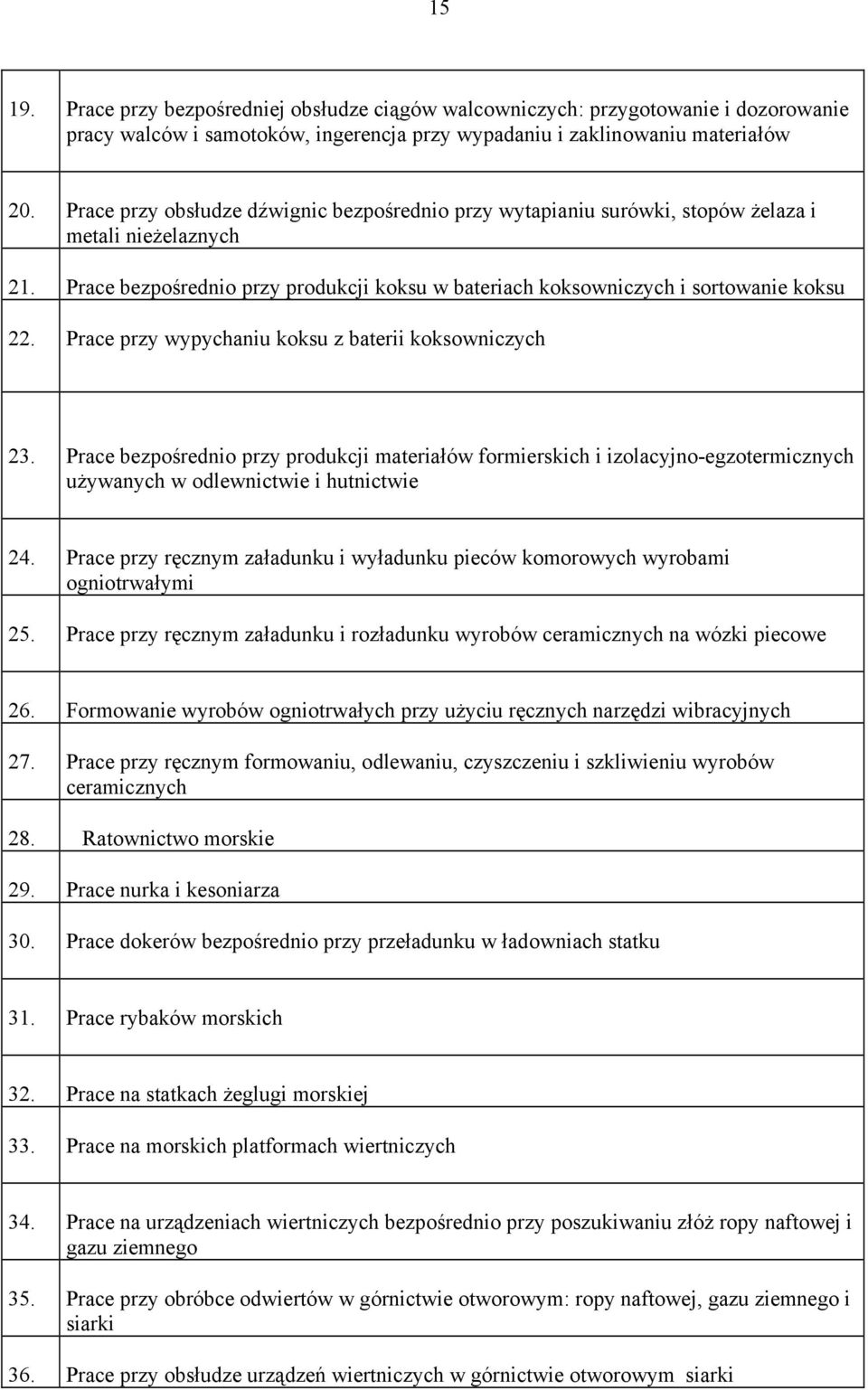 Prace przy wypychaniu koksu z baterii koksowniczych 23. Prace bezpośrednio przy produkcji materiałów formierskich i izolacyjno-egzotermicznych używanych w odlewnictwie i hutnictwie 24.