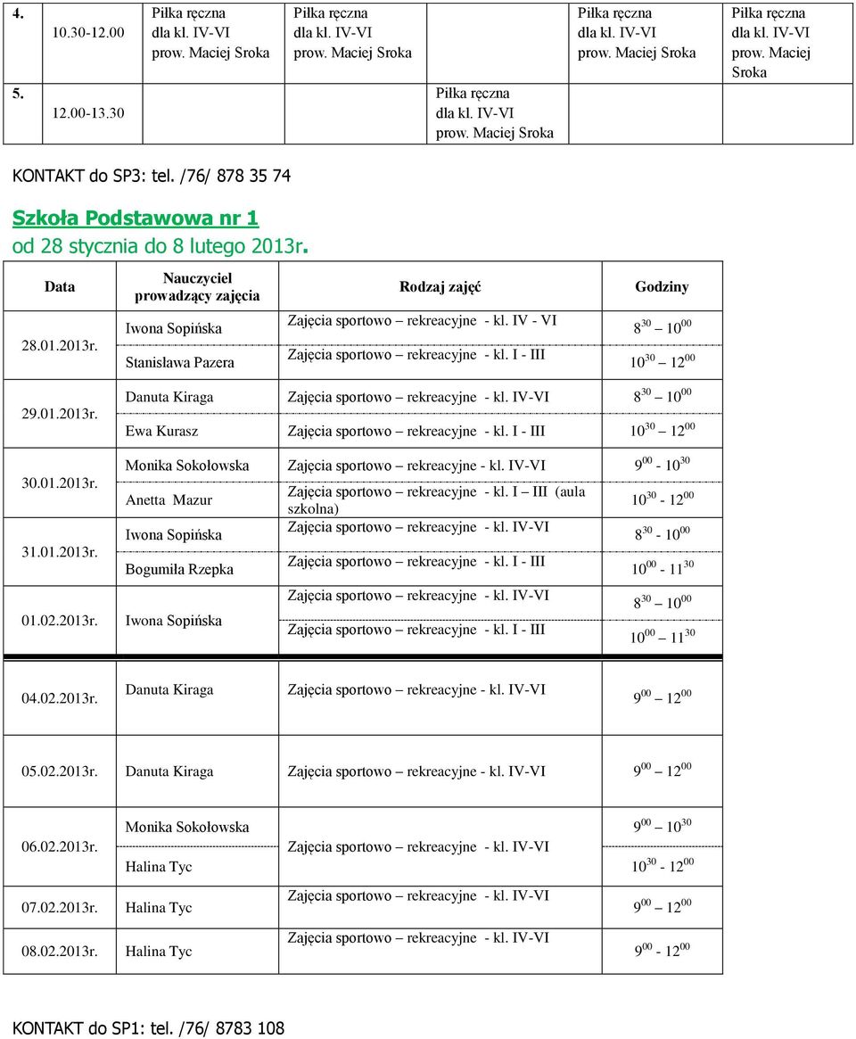 I III (aula szkolna) 10 30-12 00 8 30-10 00 Bogumiła Rzepka 10 00-11 30 8 30 10 00 10 00 11 30 04.02.2013r. Danuta Kiraga 9 00 12 00 05.02.2013r. Danuta Kiraga 9 00 12 00 06.02.2013r. 07.02.2013r. Monika Sokołowska 9 00 10 30 Halina Tyc 10 30-12 00 Halina Tyc 9 00 12 00 08.