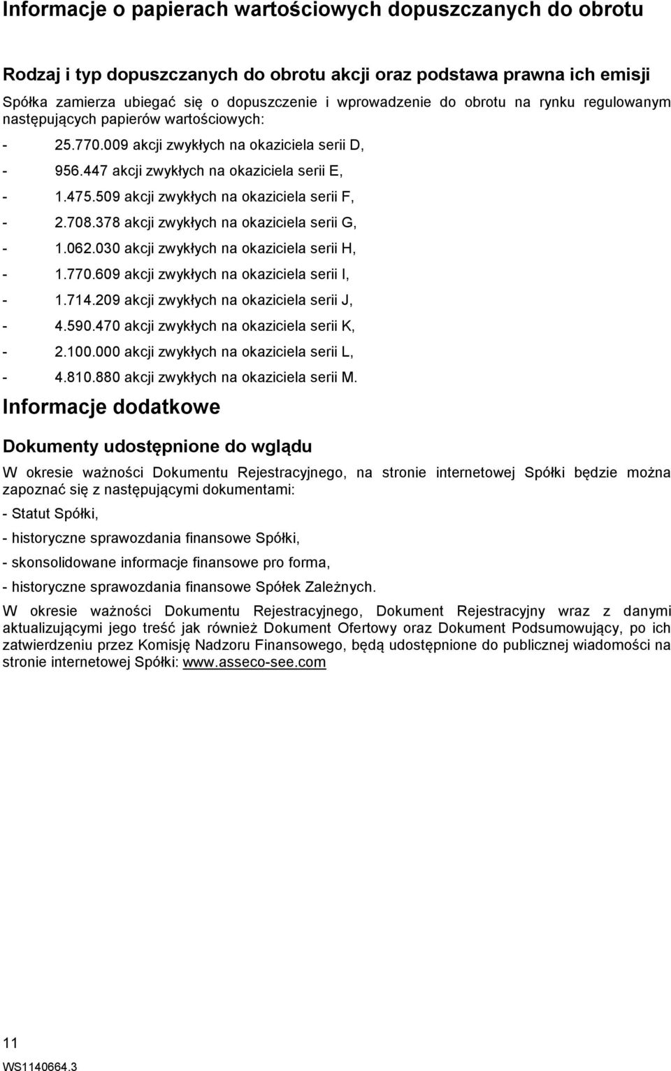 509 akcji zwykłych na okaziciela serii F, - 2.708.378 akcji zwykłych na okaziciela serii G, - 1.062.030 akcji zwykłych na okaziciela serii H, - 1.770.609 akcji zwykłych na okaziciela serii I, - 1.714.