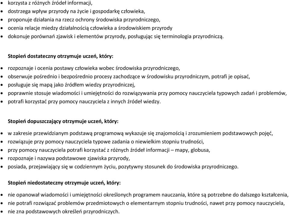 Stopień dostateczny otrzymuje uczeń, który: rozpoznaje i ocenia postawy człowieka wobec środowiska przyrodniczego, obserwuje pośrednio i bezpośrednio procesy zachodzące w środowisku przyrodniczym,