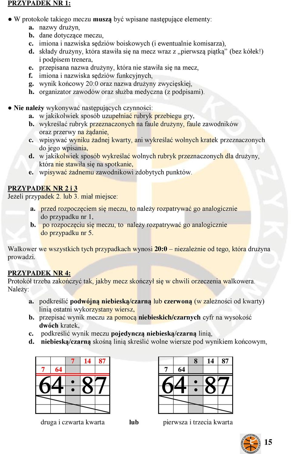 imiona i nazwiska sędziów funkcyjnych, g. wynik końcowy 20:0 oraz nazwa drużyny zwycięskiej, h. organizator zawodów oraz służba medyczna (z podpisami). Nie należy wykonywać następujących czynności: a.