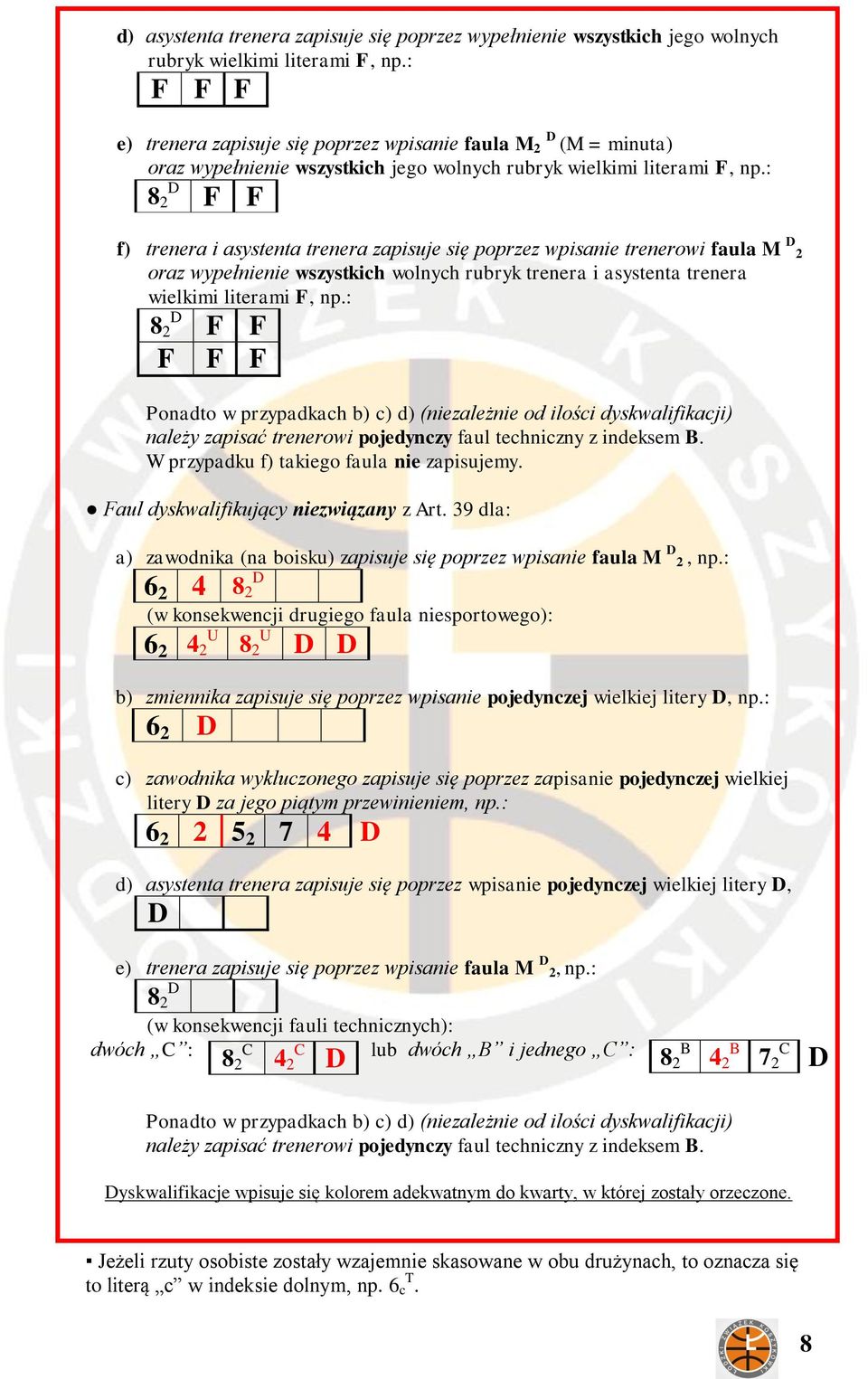 : 8 2 D F F f) trenera i asystenta trenera zapisuje się poprzez wpisanie trenerowi faula M D 2 oraz wypełnienie wszystkich wolnych rubryk trenera i asystenta trenera wielkimi literami F, np.