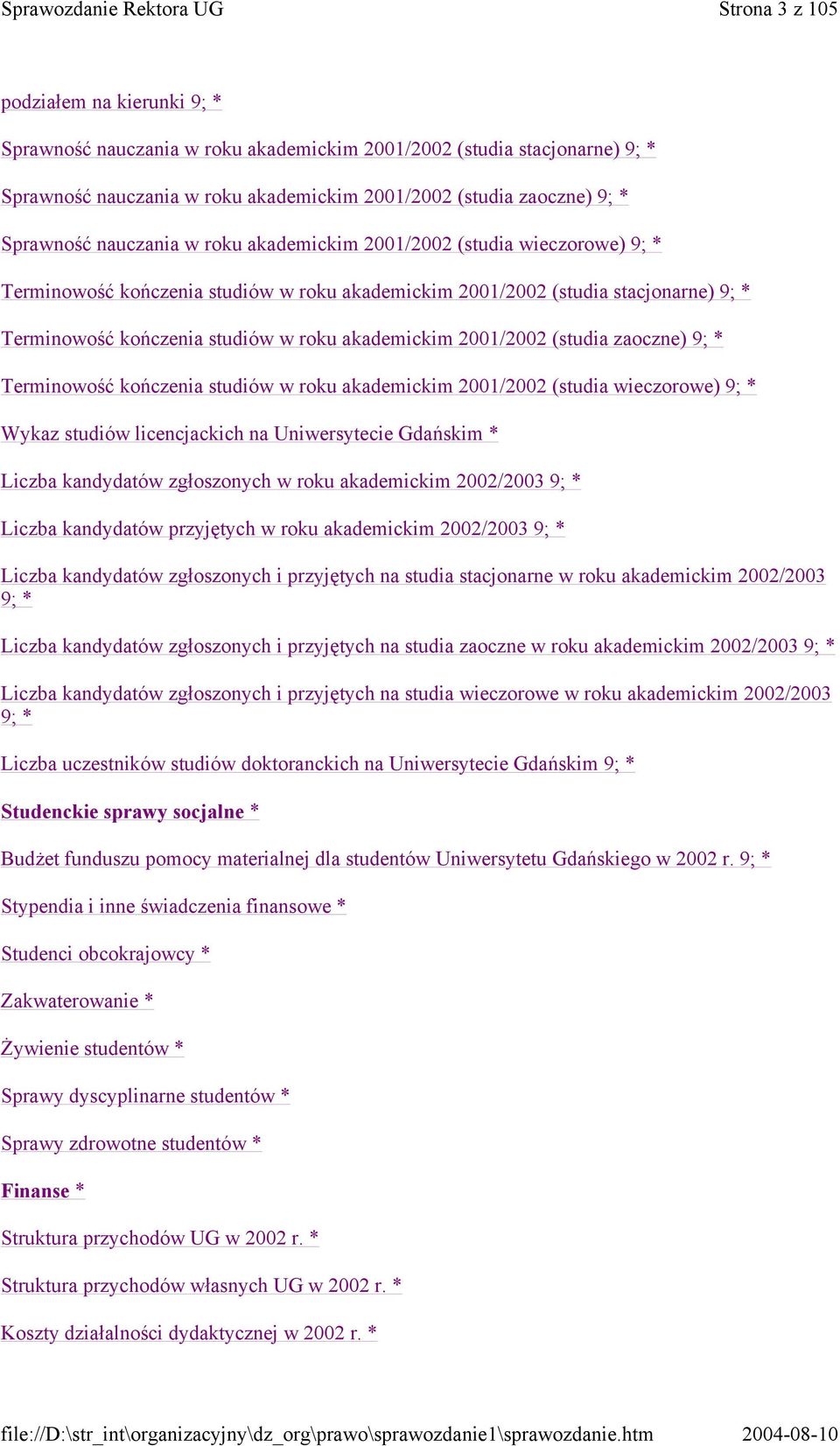 2001/2002 (studia zaoczne) 9; * Terminowość kończenia studiów w roku akademickim 2001/2002 (studia wieczorowe) 9; * Wykaz studiów licencjackich na Uniwersytecie Gdańskim * Liczba kandydatów