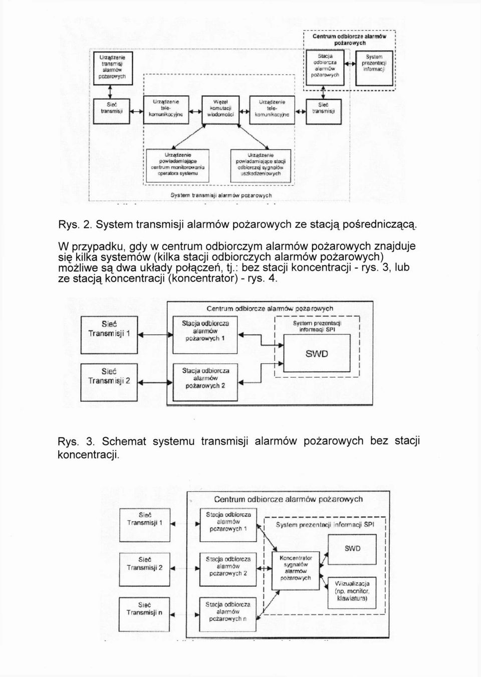 W przypadku, gdy w centrum odbiorczym alarmów pożarowych znajduje się kilka systemów (kilka stacji odbiorczych alarmów pożarowych) możliwe są dwa układy połączeń, tj.: bez stacji koncentracji - rys.