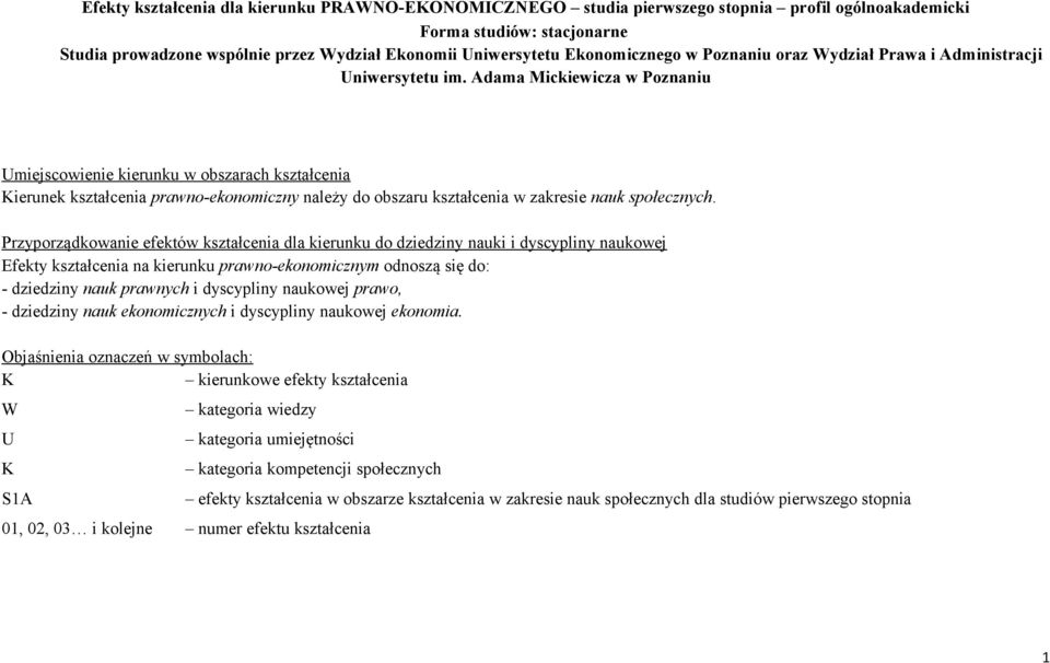 Adama Mickiewicza w Poznaniu Umiejscowienie kierunku w obszarach kształcenia Kierunek kształcenia prawno-ekonomiczny należy do obszaru kształcenia w zakresie nauk społecznych.