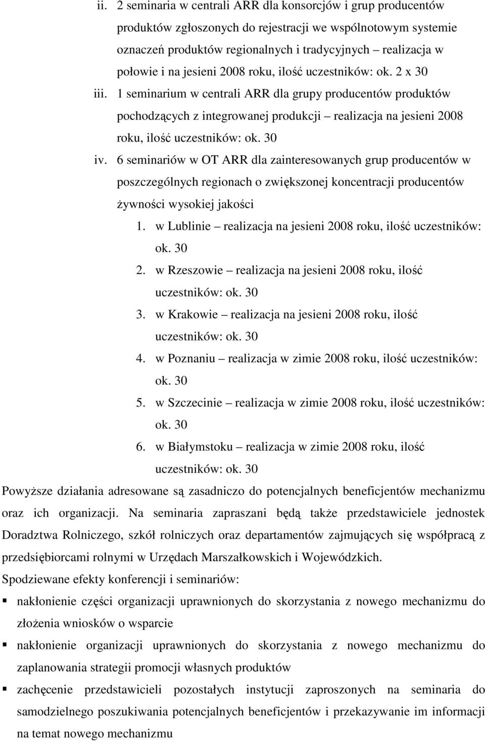 1 seminarium w centrali ARR dla grupy producentów produktów pochodzących z integrowanej produkcji realizacja na jesieni 2008 roku, ilość uczestników: ok. 30 iv.