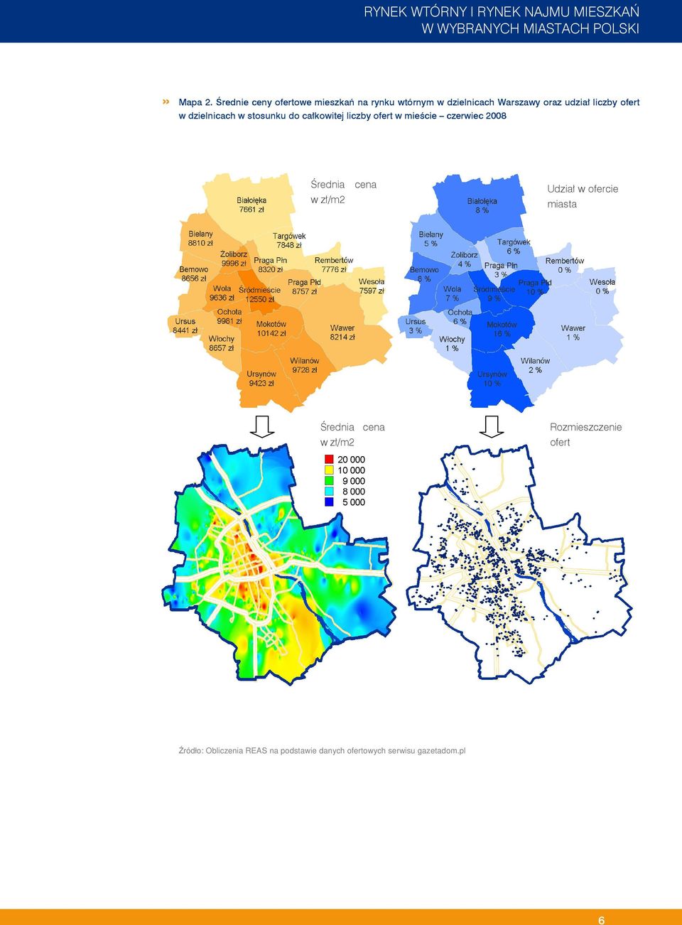 dzielnicach Warszawy oraz udział liczby ofert w