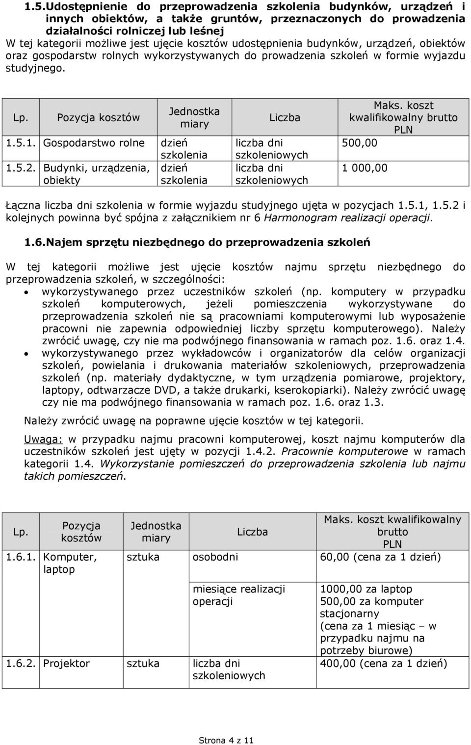 Budynki, urządzenia, dzień obiekty liczba dni liczba dni 500,00 1 000,00 Łączna liczba dni w formie wyjazdu studyjnego ujęta w pozycjach 1.5.1, 1.5.2 i kolejnych powinna być spójna z załącznikiem nr 6 Harmonogram.
