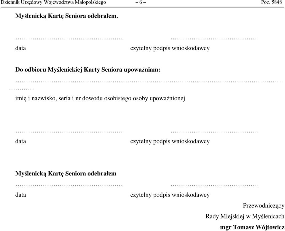 data Do odbioru Myślenickiej Karty Seniora upoważniam: imię i