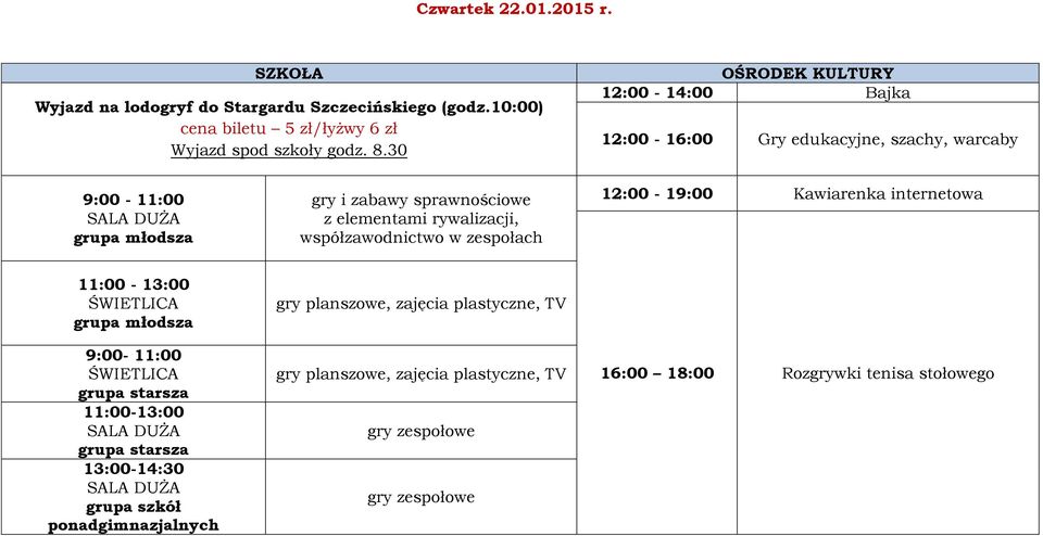 10:00) cena biletu 5 zł/łyżwy 6 zł Wyjazd spod szkoły godz. 8.