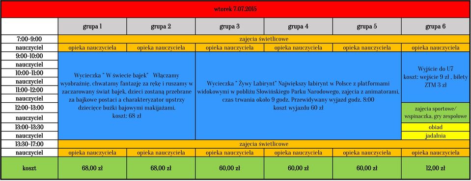 koszt: 68 zł wtorek 7.07.