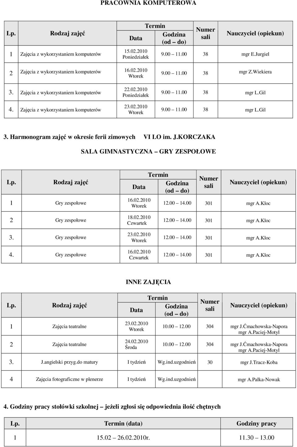 KORCZAKA SALA GIMNASTYCZNA GRY ZESPOŁOWE Lp. Rodzaj zajęć 1 Gry zespołowe 2 Gry zespołowe 3. Gry zespołowe 4. Gry zespołowe 18.02.2010 INNE ZAJĘCIA Lp.