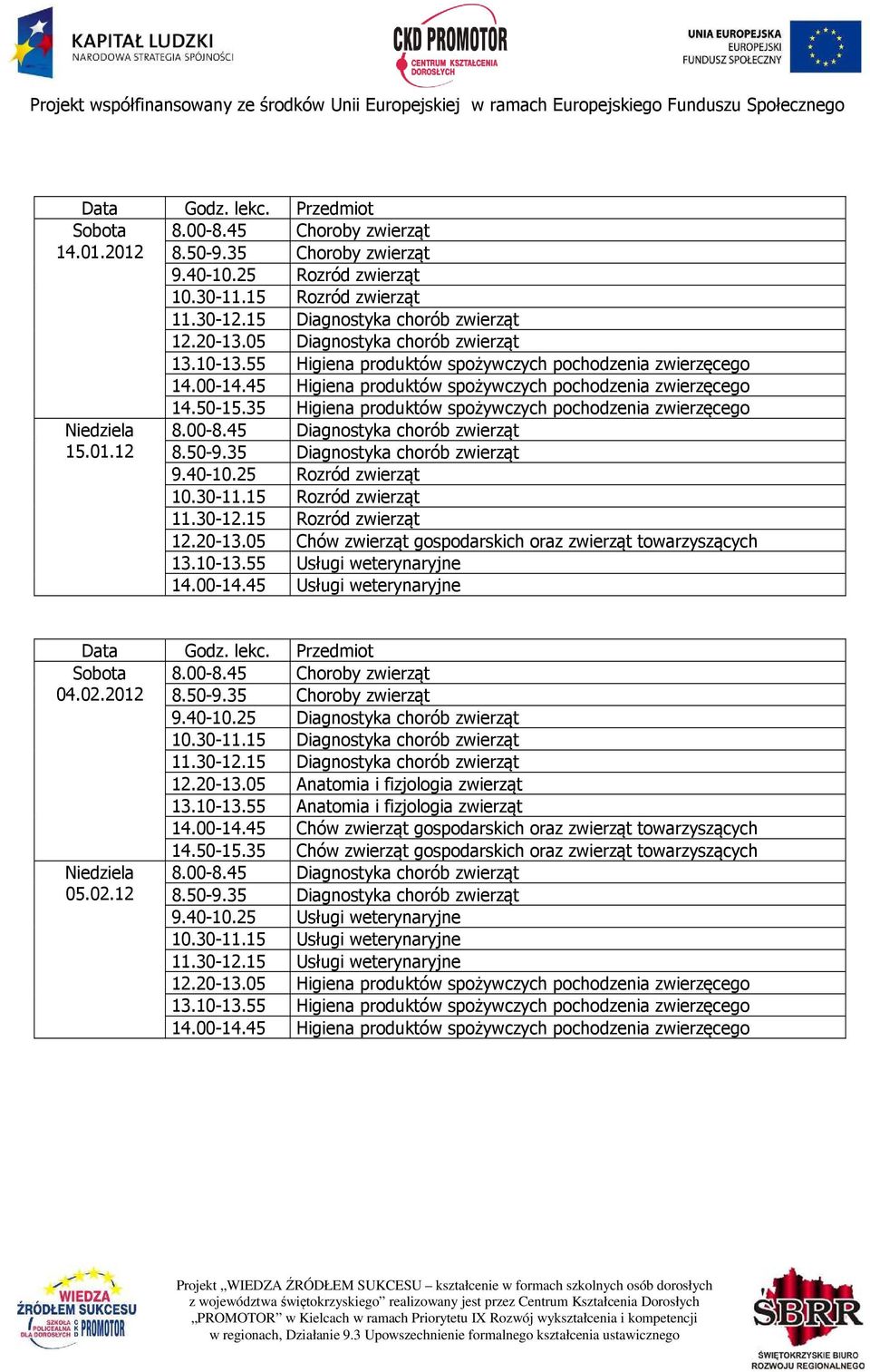 40-10.25 Diagnostyka chorób zwierząt 13.10-13.55 Anatomia i fizjologia zwierząt 14.00-14.45 Chów zwierząt gospodarskich oraz zwierząt towarzyszących 14.50-15.