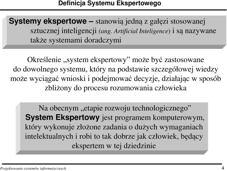 szczegółowej wiedzy może wyciągać wnioski i podejmować decyzje, działając w sposób zbliżony do procesu rozumowania człowieka Na obecnym etapie rozwoju