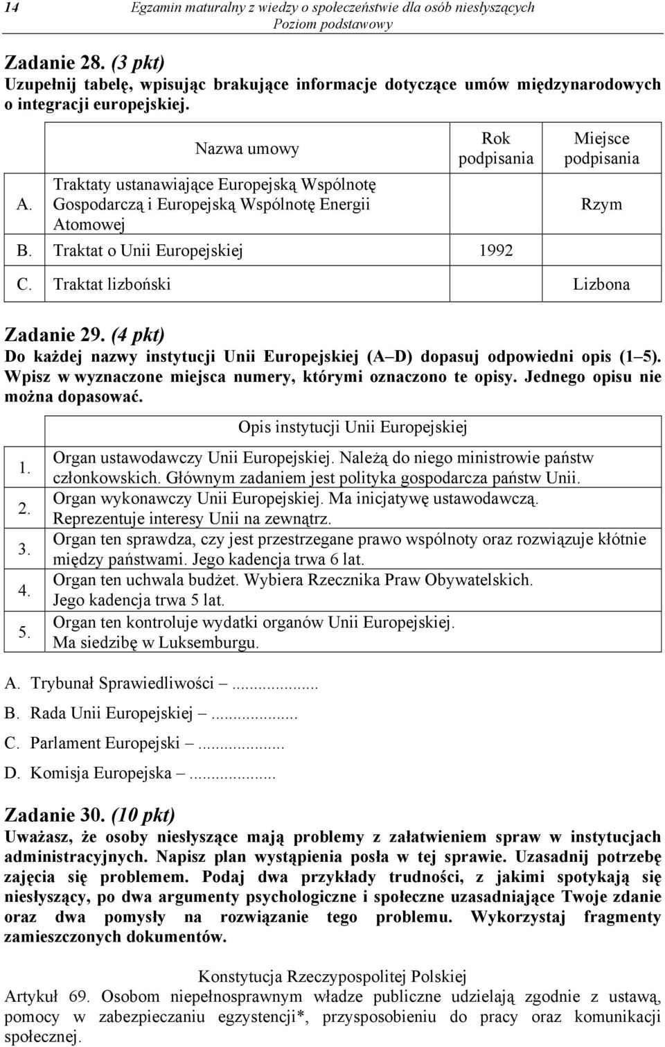 Lizbona Zadanie 29. (4 pkt) Do każdej nazwy instytucji Unii Europejskiej (A D) dopasuj odpowiedni opis (1 5). Wpisz w wyznaczone miejsca numery, którymi oznaczono te opisy.