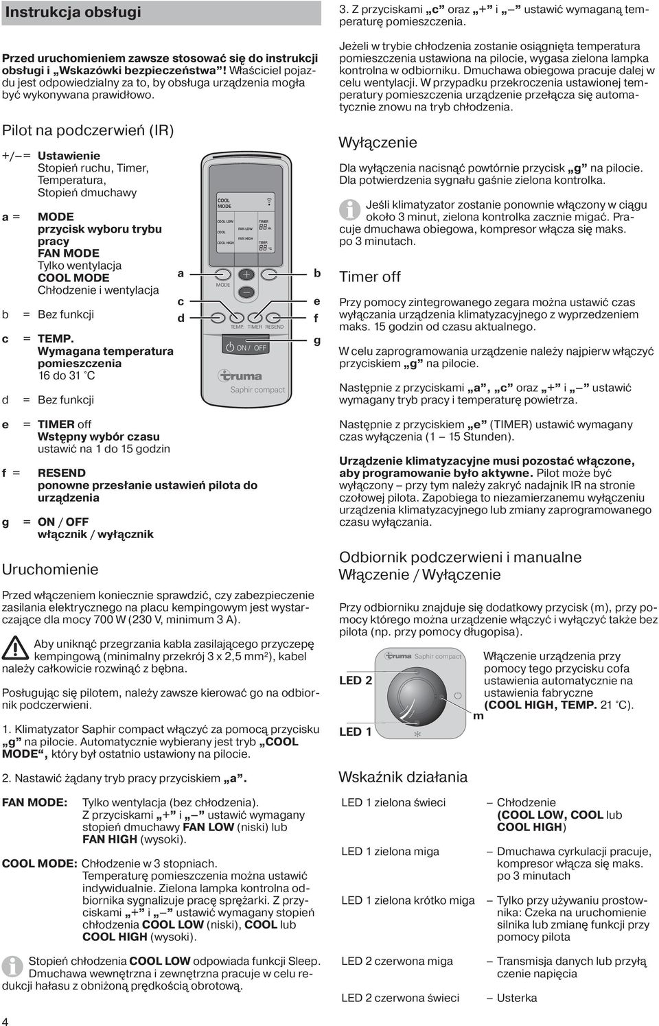 Pilot na podczerwień (IR) +/ = Ustawienie Stopień ruchu, Timer, Temperatura, Stopień dmuchawy a = b c d MODE przycisk wyboru trybu pracy FAN MODE Tylko wentylacja COOL MODE Chłodzenie i wentylacja =