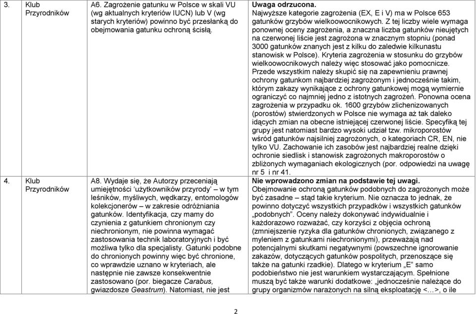 Wydaje się, że Autorzy przeceniają umiejętności użytkowników przyrody w tym leśników, myśliwych, wędkarzy, entomologów kolekcjonerów w zakresie odróżniania gatunków.