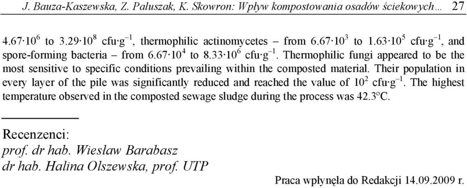 Thermophilic fungi appeared to be the most sensitive to specific conditions prevailing within the composted material.