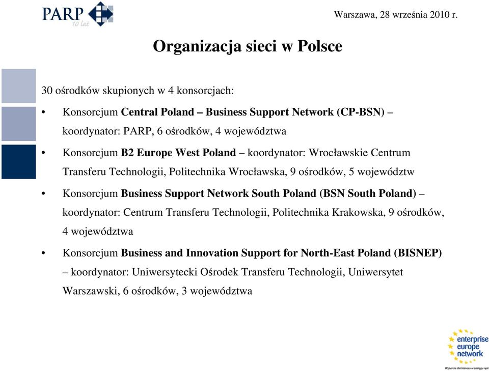 Poland koordynator: Wrocławskie Centrum Transferu Technologii, Politechnika Wrocławska, 9 ośrodków, 5 województw Konsorcjum Business Support Network South Poland (BSN