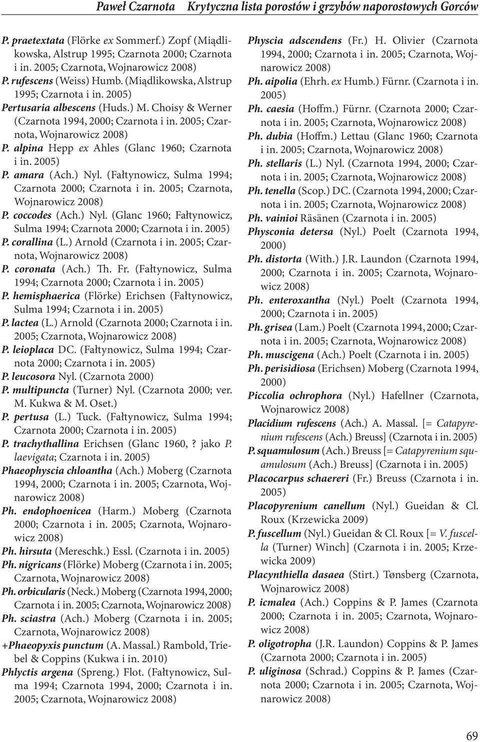2005; Czarnota, Wojnarowicz P. alpina Hepp ex Ahles (Glanc 1960; Czarnota P. amara (Ach.) Nyl. (Fałtynowicz, Sulma 1994; Czarnota 2000; Czarnota i in. 2005; Czarnota, Wojnarowicz P. coccodes (Ach.