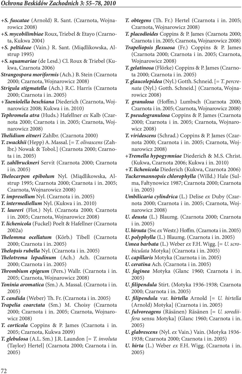 2010) Tephromela atra (Huds.) Hafellner ex Kalb (Czarnota Thelidium eitneri Zahlbr. (Czarnota 2000) T. zwackhii (Hepp) A. Massal. [= T. olivascens (Zahlbr.) Nowak & Tobol.] (Czarnota 2000; Czarnota T.