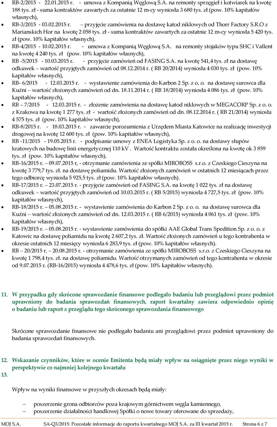 zł - suma kontraktów zawartych za ostatnie 12 m-cy wyniosła 5 420 tys. zł (pow. 10% RB-4/2015-10.02.2015 r. - umowa z Kompanią Węglową S.A. na remonty stojaków typu SHC i Vallent na kwotę 4 240 tys.