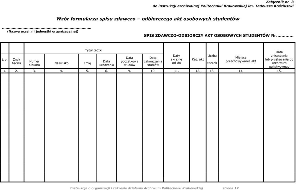 Znak teczki Numer albumu Nazwisko Tytuł teczki Imię Data urodzenia Data początkowa studiów Data zakończenia studiów Daty skrajne od-do Kat.