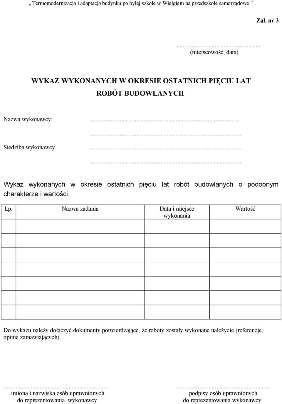 Nazwa zadania Data i miejsce wykonania Wartość Do wykazu należy dołączyć dokumenty potwierdzające, że roboty zostały wykonane należycie
