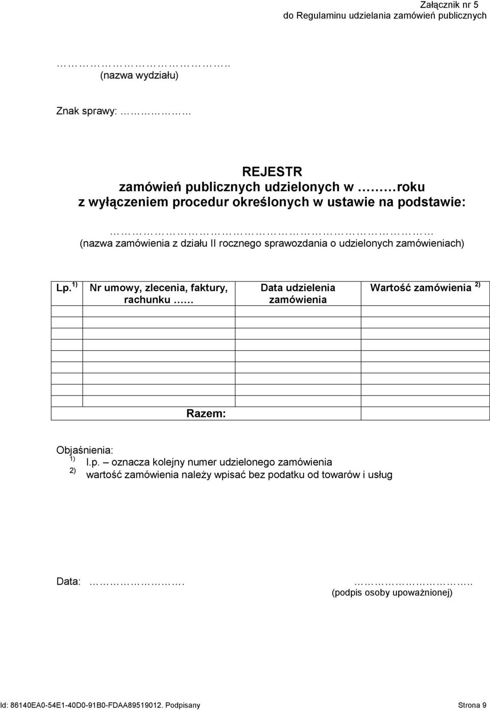 (nazwa zamówienia z działu II rocznego sprawozdania o udzielonych zamówieniach) Lp.