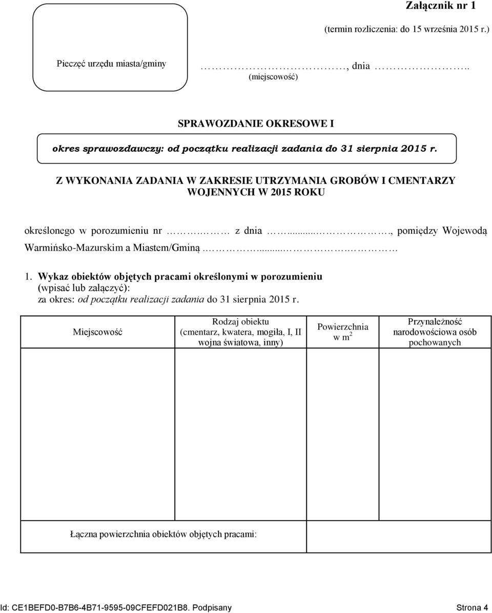 Z WYKONANIA ZADANIA W ZAKRESIE UTRZYMANIA GROBÓW I CMENTARZY WOJENNYCH W 2015 ROKU określonego w porozumieniu nr. z dnia...., pomiędzy Wojewodą Warmińsko-Mazurskim a Miastem/Gminą..... 1.