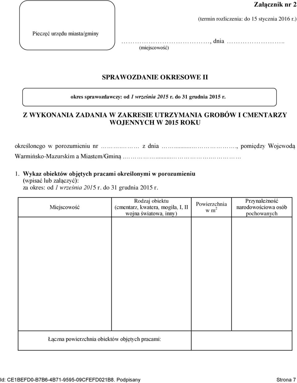 Wykaz obiektów objętych pracami określonymi w porozumieniu (wpisać lub załączyć): za okres: od 1 września 2015 r. do 31 grudnia 2015 r.