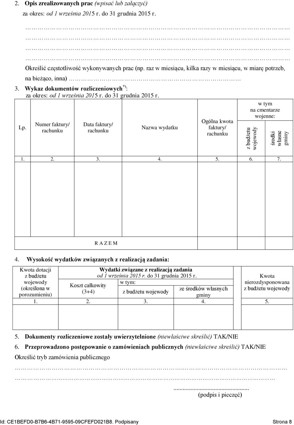 Numer faktury/ Data faktury/ Nazwa wydatku Ogólna kwota faktury/ w tym na cmentarze wojenne: 1. 2. 3. 4. 5. 6. 7. R A Z E M 4.