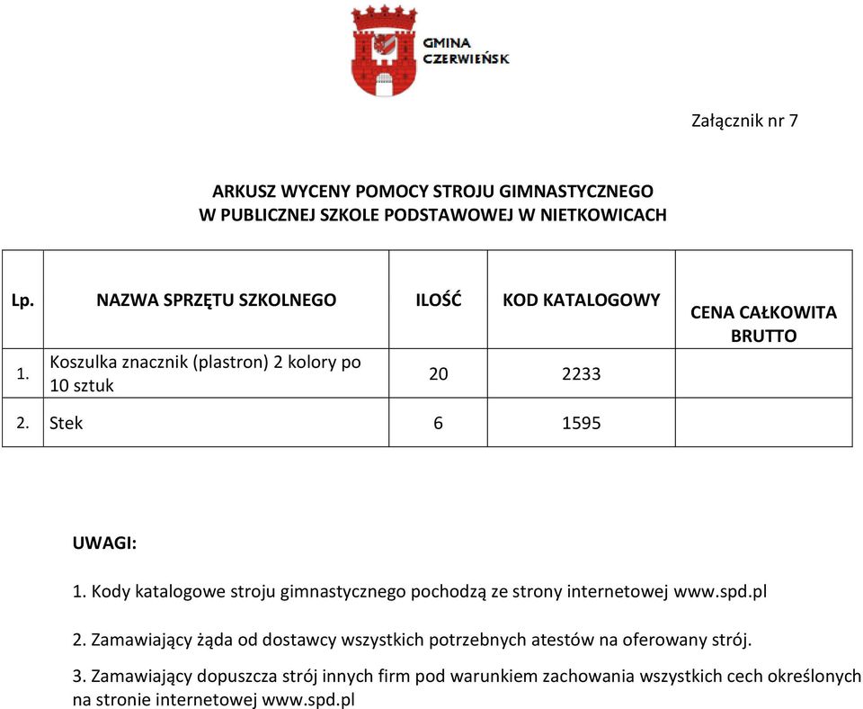 Kody katalogowe stroju gimnastycznego pochodzą ze strony internetowej www.spd.pl 2.