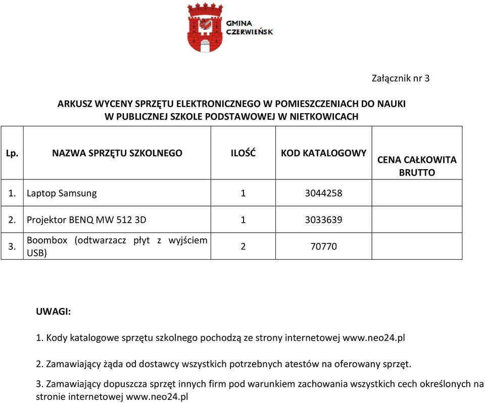 Boombox (odtwarzacz płyt z wyjściem USB) 2 70770 1. Kody katalogowe sprzętu szkolnego pochodzą ze strony internetowej www.neo24.pl 2.
