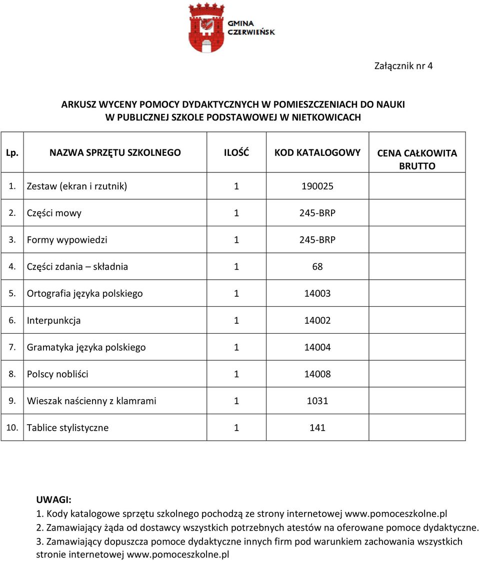 Polscy nobliści 1 14008 9. Wieszak naścienny z klamrami 1 1031 10. Tablice stylistyczne 1 141 1. Kody katalogowe sprzętu szkolnego pochodzą ze strony internetowej www.pomoceszkolne.pl 2.