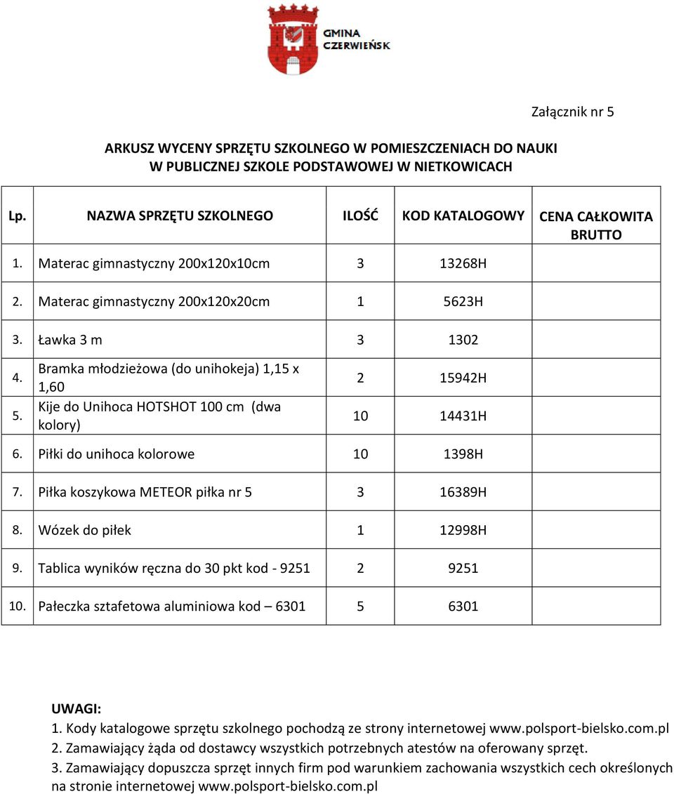 Piłki do unihoca kolorowe 10 1398H 7. Piłka koszykowa METEOR piłka nr 5 3 16389H 8. Wózek do piłek 1 12998H 9. Tablica wyników ręczna do 30 pkt kod - 9251 2 9251 10.