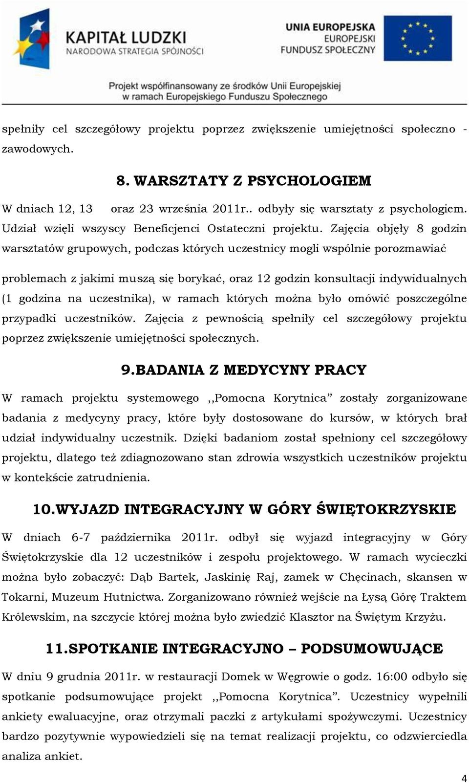 Zajęcia objęły 8 godzin warsztatów grupowych, podczas których uczestnicy mogli wspólnie porozmawiać problemach z jakimi muszą się borykać, oraz 12 godzin konsultacji indywidualnych (1 godzina na