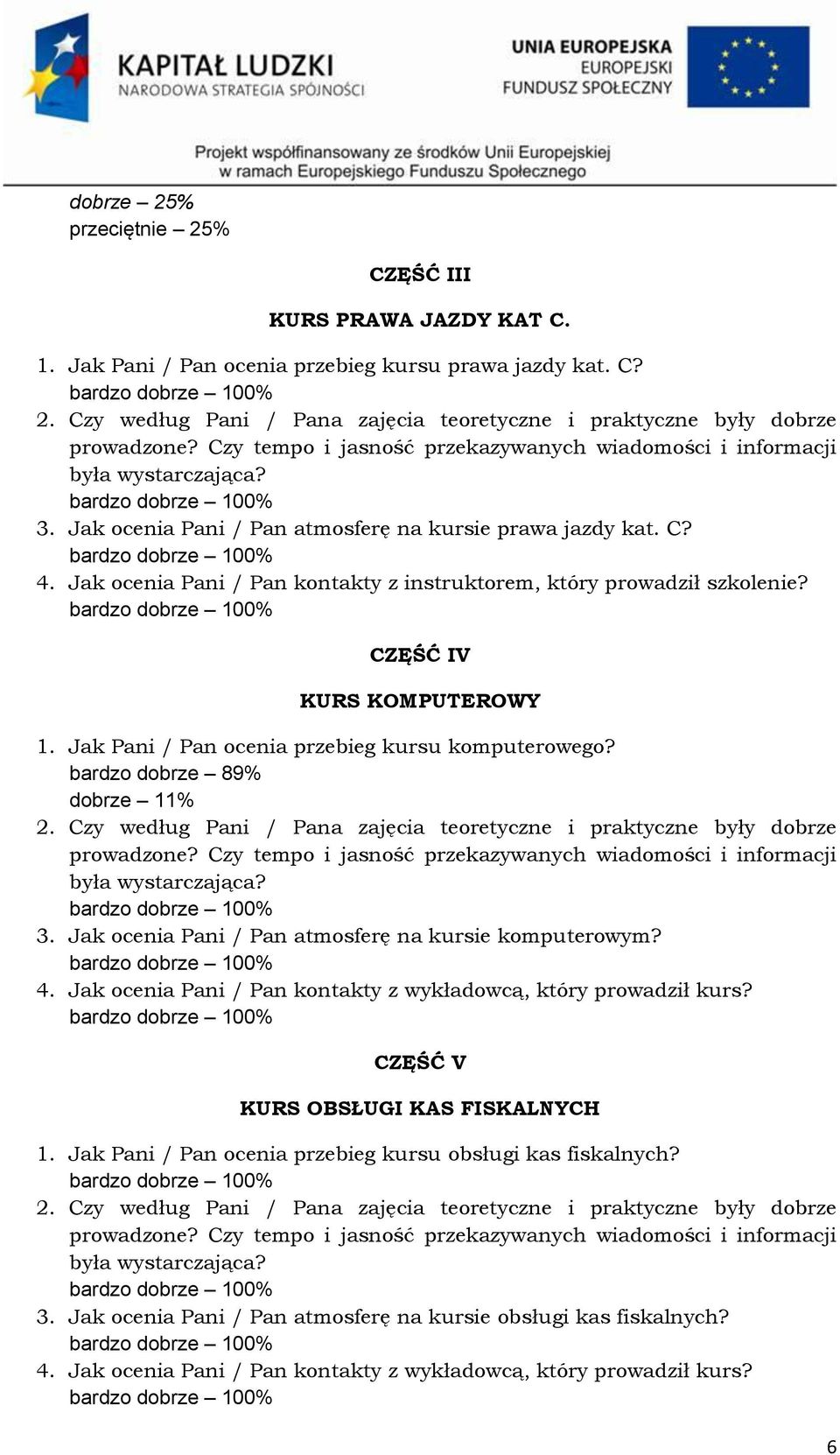 Jak ocenia Pani / Pan atmosferę na kursie komputerowym? 4. Jak ocenia Pani / Pan kontakty z wykładowcą, który prowadził kurs? CZĘŚĆ V KURS OBSŁUGI KAS FISKALNYCH 1.