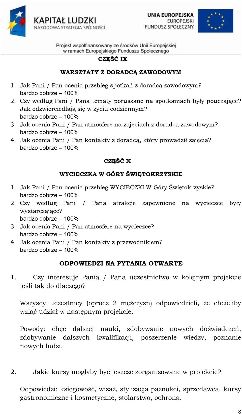 CZĘŚĆ X WYCIECZKA W GÓRY ŚWIĘTOKRZYSKIE 1. Jak Pani / Pan ocenia przebieg WYCIECZKI W Góry Świętokrzyskie? 2. Czy według Pani / Pana atrakcje zapewnione na wycieczce były wystarczające? 3.