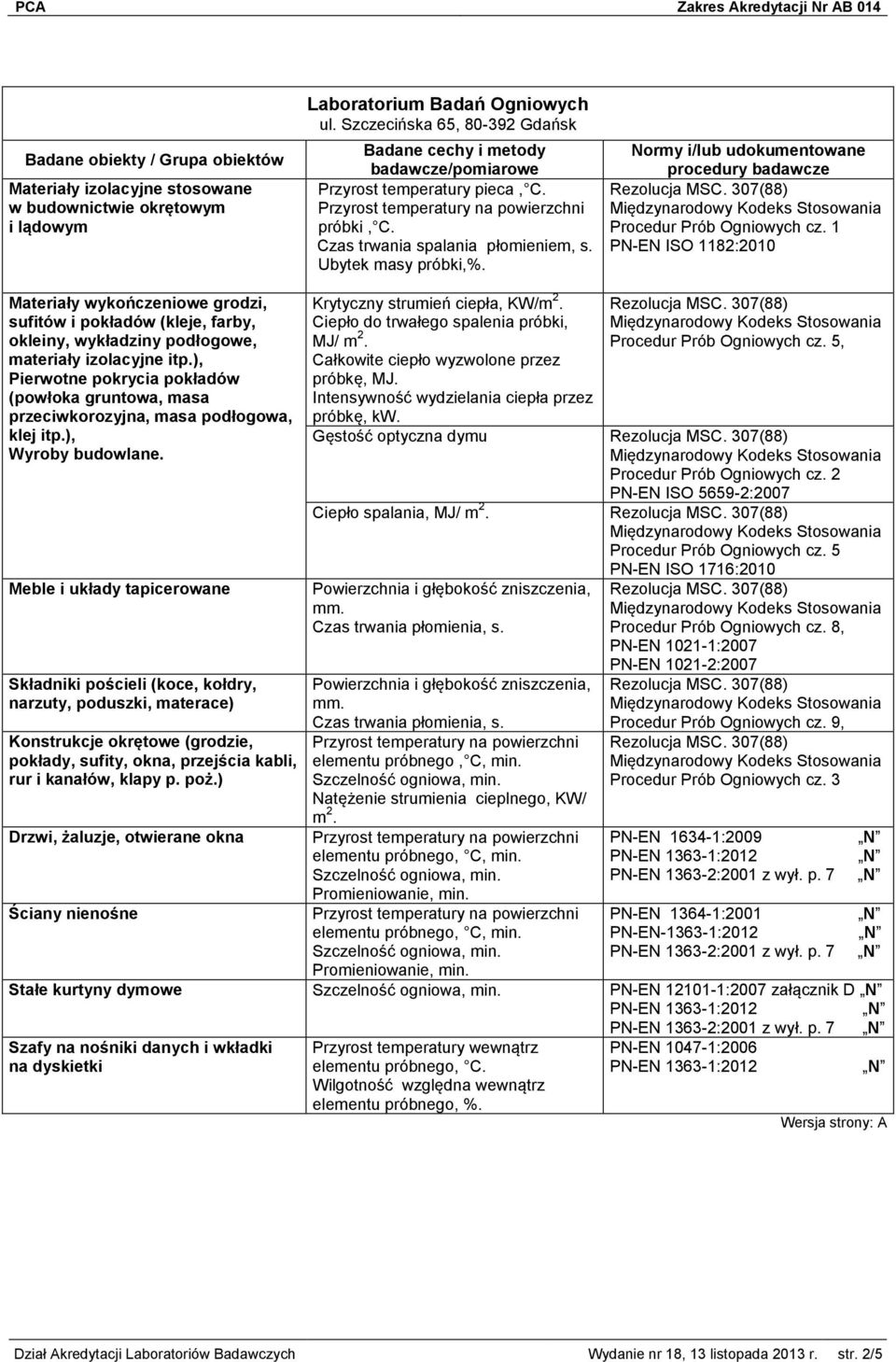 1 PN-EN ISO 1182:2010 Materiały wykończeniowe grodzi, sufitów i pokładów (kleje, farby, okleiny, wykładziny podłogowe, materiały izolacyjne itp.