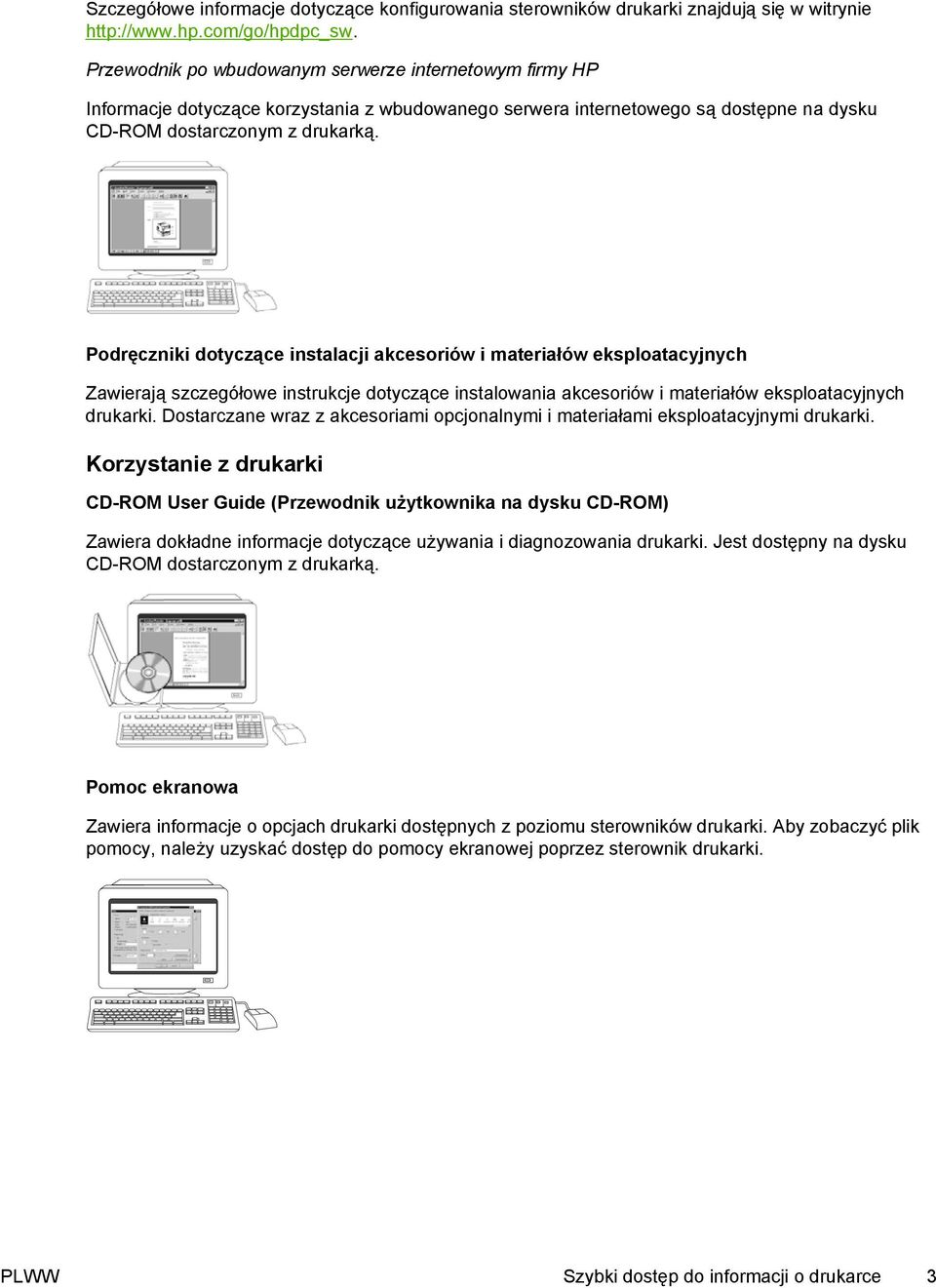 Podręczniki dotyczące instalacji akcesoriów i materiałów eksploatacyjnych Zawierają szczegółowe instrukcje dotyczące instalowania akcesoriów i materiałów eksploatacyjnych drukarki.