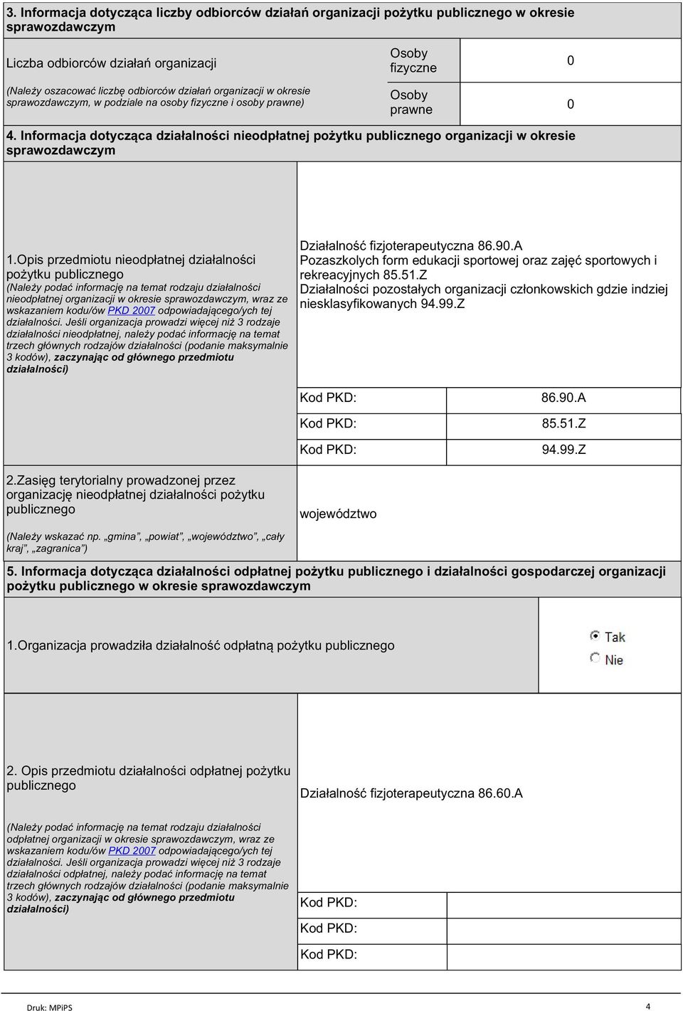 Opis przedmiotu nieodpłatnej działalności pożytku publicznego (Należy podać informację na temat rodzaju działalności nieodpłatnej organizacji w okresie, wraz ze wskazaniem kodu/ów PKD 2007