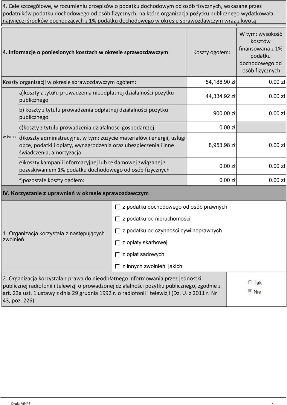 Informacje o poniesionych kosztach w okresie Koszty ogółem: W tym: wysokość kosztów finansowana z 1% podatku dochodowego od osób fizycznych Koszty organizacji w okresie ogółem: 54,188.