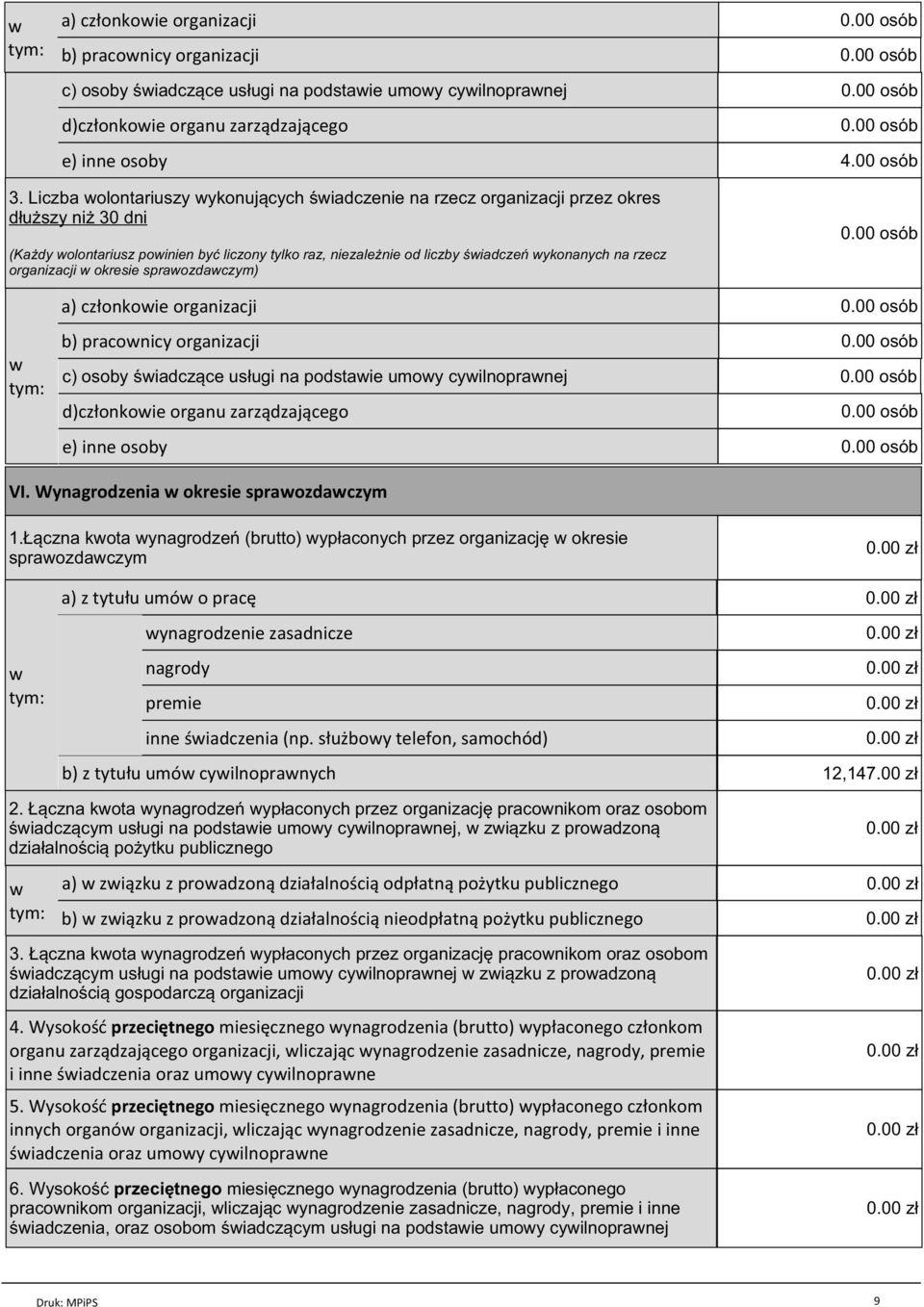 rzecz organizacji w okresie ) w tym: a) członkowie organizacji b) pracownicy organizacji c) osoby świadczące usługi na podstawie umowy cywilnoprawnej d)członkowie organu zarządzającego e) inne osoby